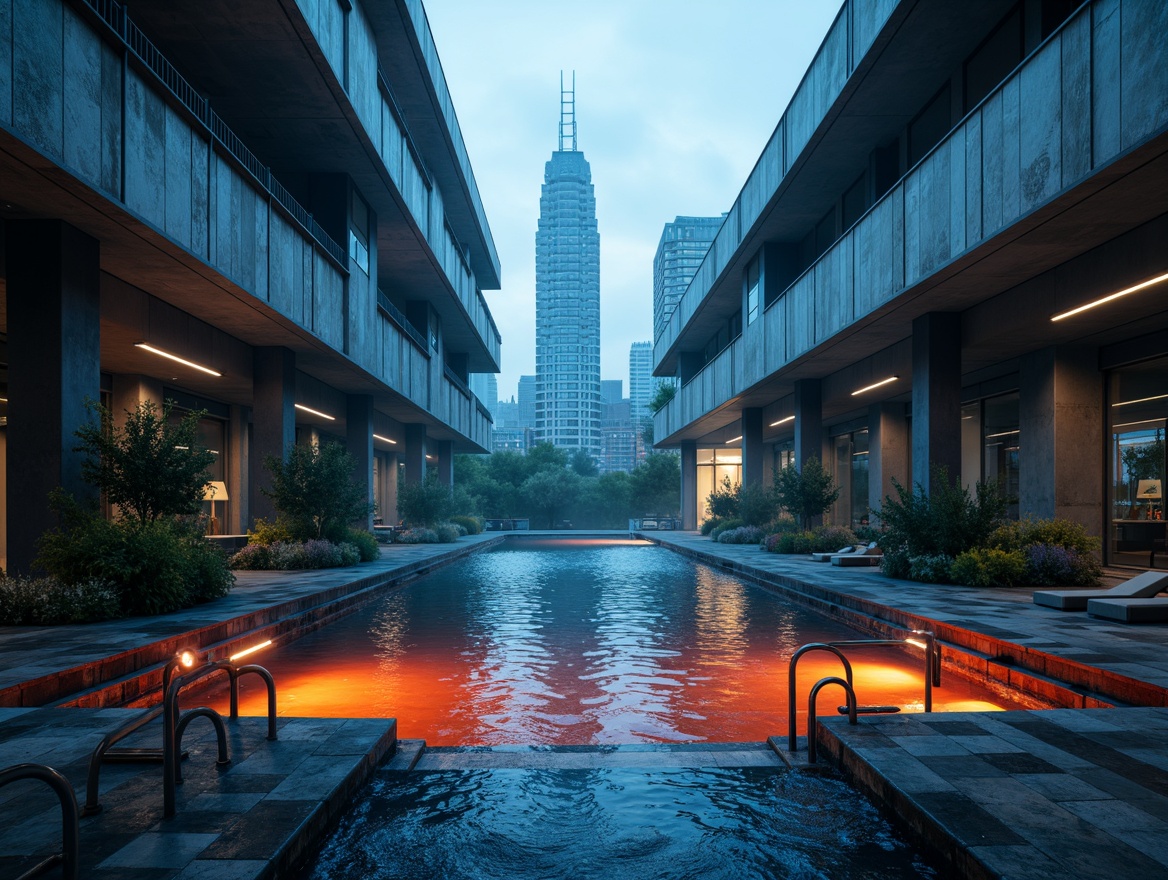 Prompt: Industrial pool, metallic ladders, concrete surroundings, urban landscape, city skyline, modern architecture, sleek lines, bold color scheme, deep blues, vibrant oranges, neon lights, underwater lighting, misty atmosphere, dramatic shadows, high contrast, cinematic mood, wide-angle lens, low-angle shot, symmetrical composition, realistic textures, ambient occlusion.