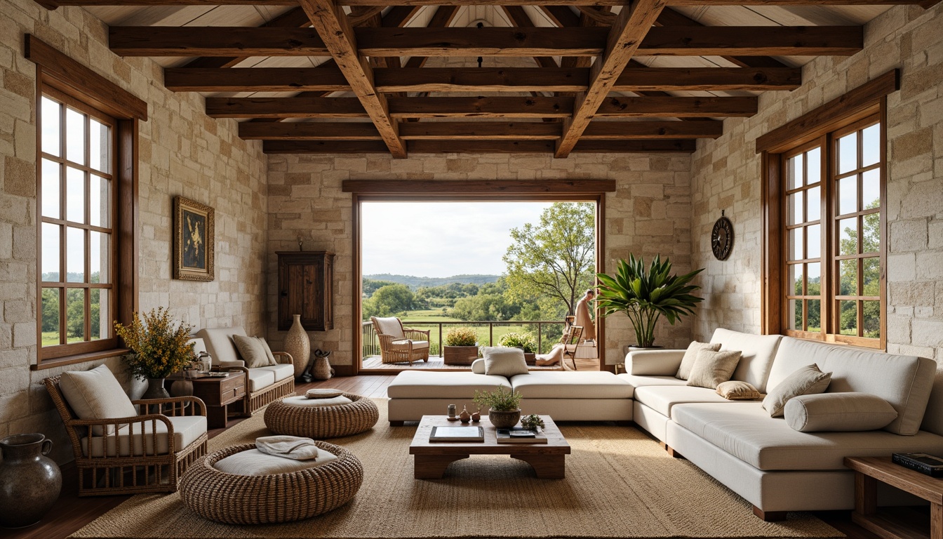 Prompt: Rustic farmhouse interior, natural stone walls, reclaimed wooden beams, earthy color palette, woven wicker furniture, jute rugs, linen textiles, vintage metal decor, distressed wood accents, soft warm lighting, cozy atmosphere, rural landscape views, lush greenery, wildflower arrangements, natural fiber upholstery, organic shapes, handcrafted decorative items, traditional farmhouse style, country-inspired accessories.