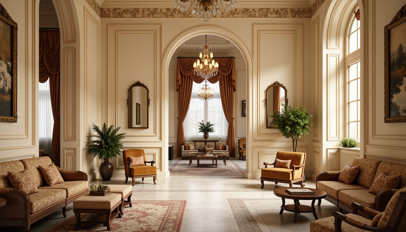 Prompt: Elegant neoclassical interior, rich wood tones, ornate moldings, cream-colored walls, soft golden lighting, luxurious velvet fabrics, intricate patterns, marble floors, crystal chandeliers, ornamental mirrors, lavish furnishings, subtle color contrast, warm beige accents, classic architectural details, sophisticated atmosphere, refined textures, shallow depth of field, 2/3 composition, realistic reflections.