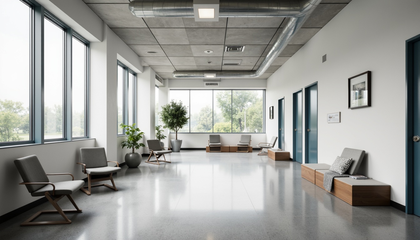 Prompt: Minimalist hospital corridors, monochromatic color scheme, industrial-style lighting fixtures, polished concrete floors, sleek metal handrails, functional furniture, geometric-shaped chairs, simple wooden benches, adjustable medical equipment, sterile surfaces, natural textiles, abundant daylight, soft indirect lighting, shallow depth of field, 3/4 composition, realistic textures, ambient occlusion.