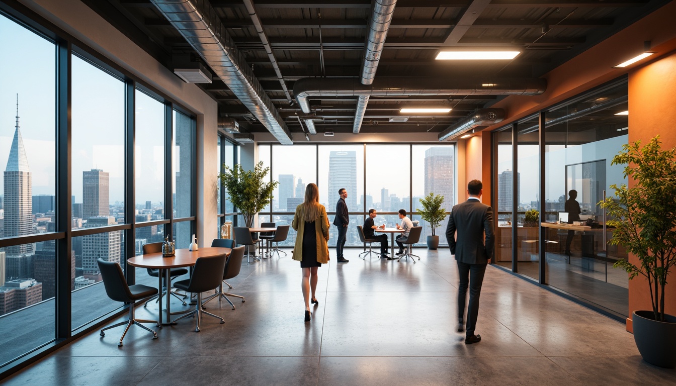 Prompt: Modern office interior, glass partitions, sleek metal frames, minimalist design, open-plan workspace, collaborative atmosphere, natural light, urban cityscape views, floor-to-ceiling windows, polished concrete floors, industrial chic aesthetic, vibrant accent walls, ergonomic furniture, 3/4 composition, shallow depth of field, soft warm lighting, realistic reflections.