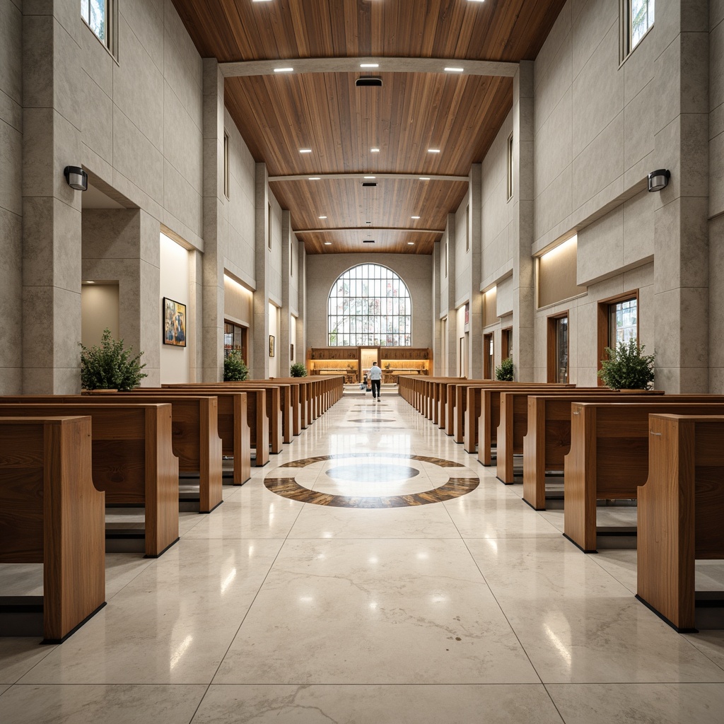 Prompt: Streamlined modern church interior, polished marble floors, inlaid wooden patterns, cream-colored limestone, subtle grey tones, minimalist pews, sleek metal accents, ambient soft lighting, shallow depth of field, 1/2 composition, symmetrical architecture, grand high ceilings, stained glass windows, ornate chandeliers, sophisticated textures, realistic reflections.