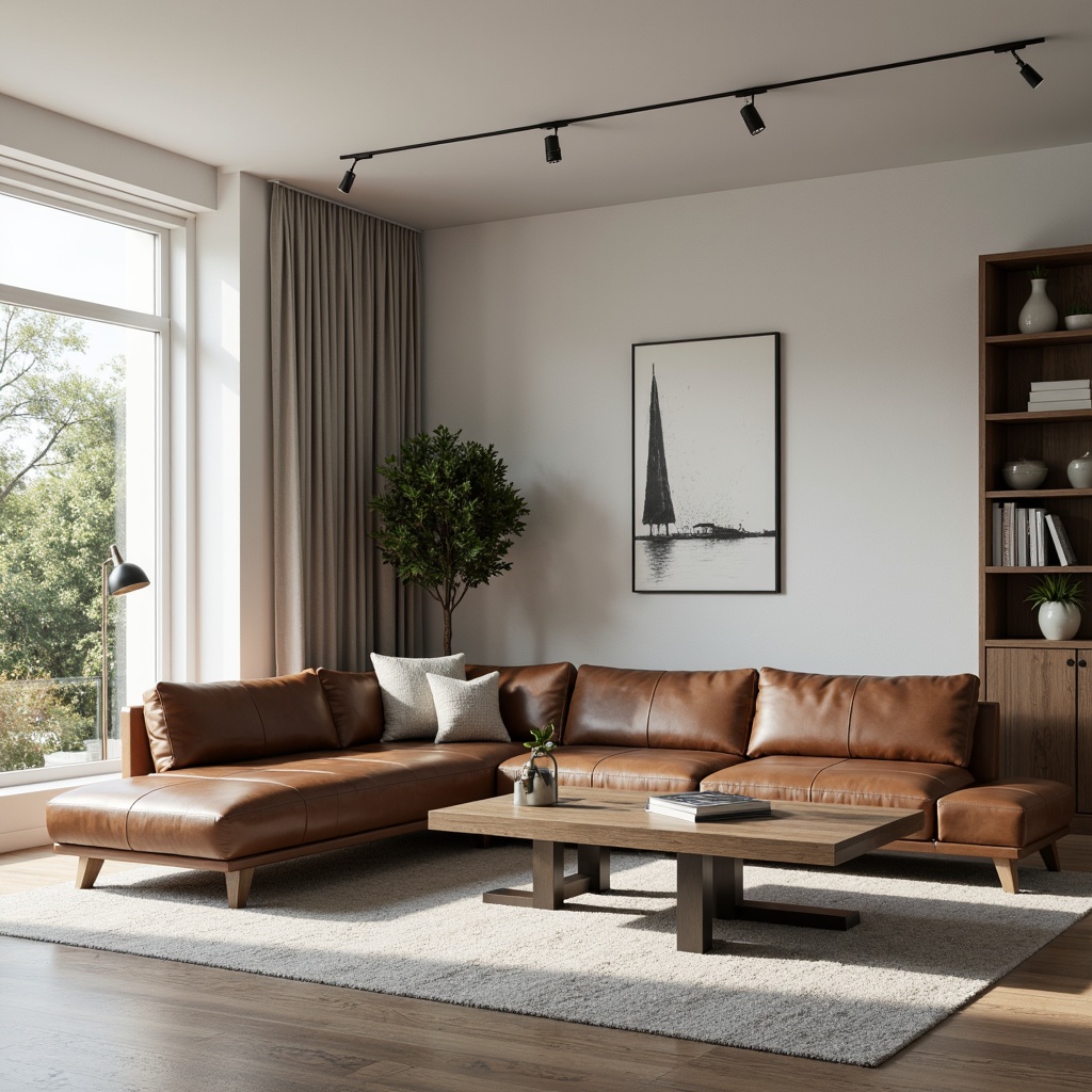 Prompt: Modern living room, sleek leather sofa, minimalist coffee table, metallic lamp stands, abstract artwork, neutral color palette, soft carpet flooring, large windows, natural daylight, 1/1 composition, shallow depth of field, realistic textures, ambient occlusion.