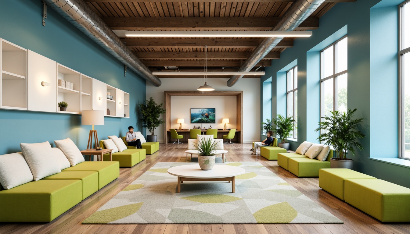 Prompt: Vibrant student lounge, pastel blue walls, creamy white furniture, lime green accents, natural wood textures, industrial metal beams, modern minimalist decor, cozy reading nooks, comfortable plush couches, wooden floorboards, large windows, soft warm lighting, shallow depth of field, 3/4 composition, panoramic view, realistic textures, ambient occlusion.