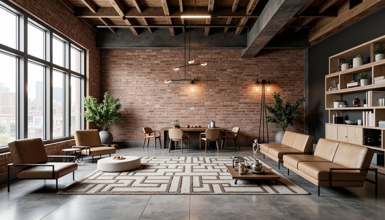 Prompt: Exposed brick walls, polished concrete floors, industrial metal beams, reclaimed wood accents, minimalist sofas, low-profile coffee tables, metal-legged chairs, Edison bulb lighting, urban loft atmosphere, functional decor, neutral color palette, distressed leather upholstery, metallic side tables, geometric-patterned rugs, modern industrial aesthetic, high ceilings, large windows, natural light pouring in, soft focus, shallow depth of field, 2/3 composition.