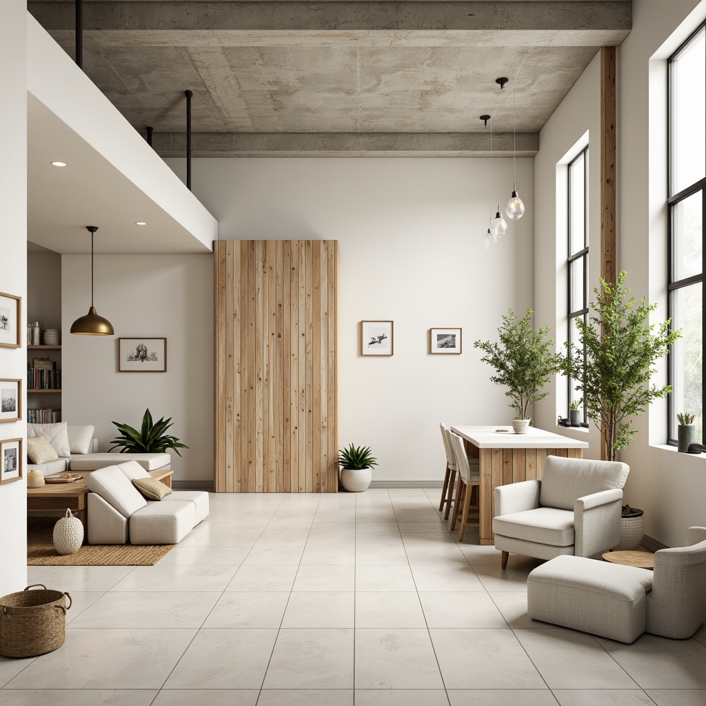 Prompt: Monochromatic interior, soft creamy whites, warm beige tones, subtle grays, clean lines, minimal ornamentation, natural textures, reclaimed wood accents, industrial metal frames, sparse greenery, ample negative space, soft diffused lighting, 1/1 composition, shallow depth of field, realistic reflections.