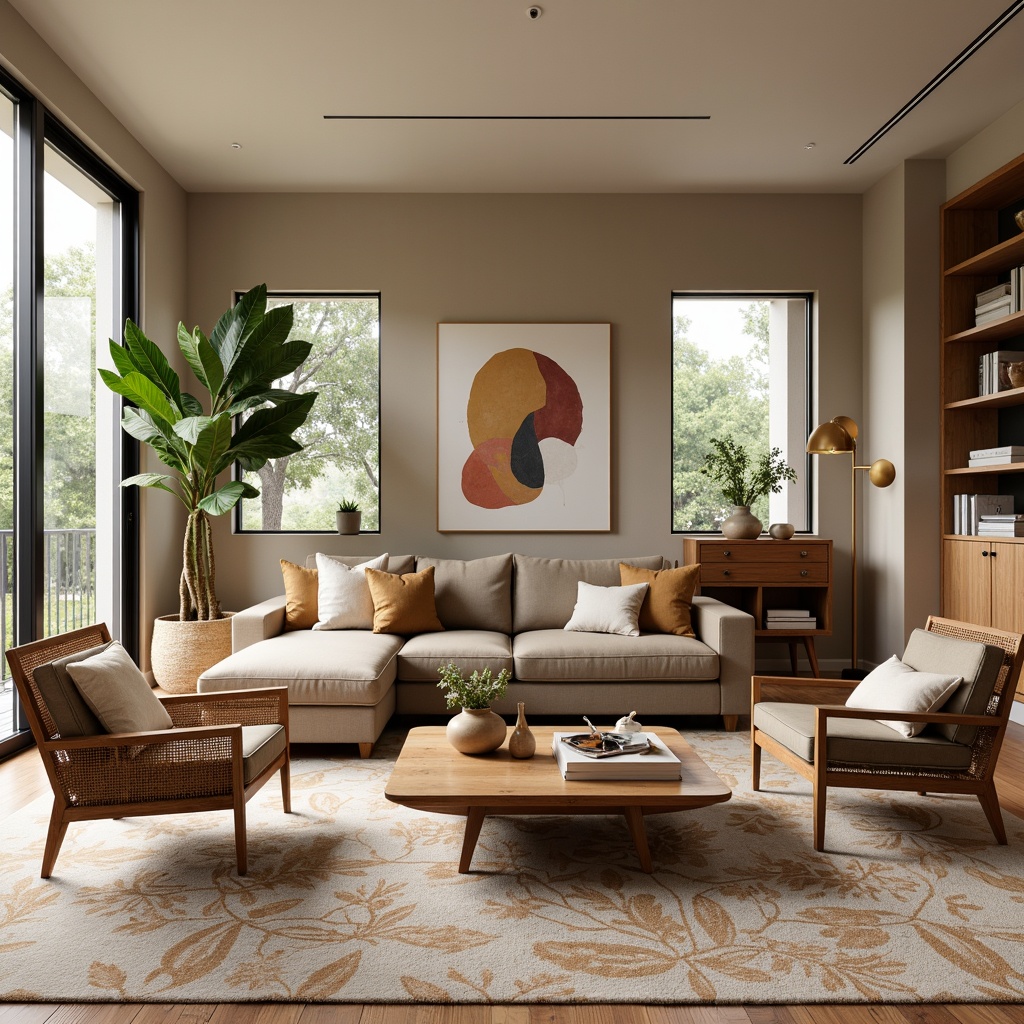 Prompt: Mid-century modern living room, plush velvet sofas, geometric patterned rugs, abstract art pieces, wooden coffee tables, minimalist decor, natural textiles, woven wicker chairs, linen upholstery, earthy tone color palette, abundant natural light, sliding glass doors, organic shapes, bold graphic prints, retro-inspired lighting fixtures, cozy reading nooks, warm beige walls, 1/1 composition, softbox lighting, realistic fabric textures.