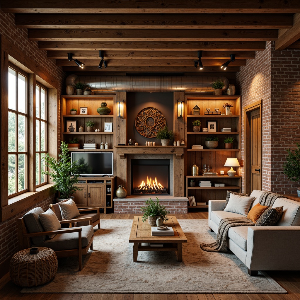 Prompt: Cozy craftsman interior, warm wooden accents, rustic brick walls, vintage furniture pieces, earthy color palette, natural textiles, woven baskets, pendant lanterns, metal candle chandeliers, distressed wood shelves, industrial metal lighting, exposed ductwork, reclaimed wood beams, soft warm glow, ambient lighting, 1/2 composition, shallow depth of field, realistic textures.