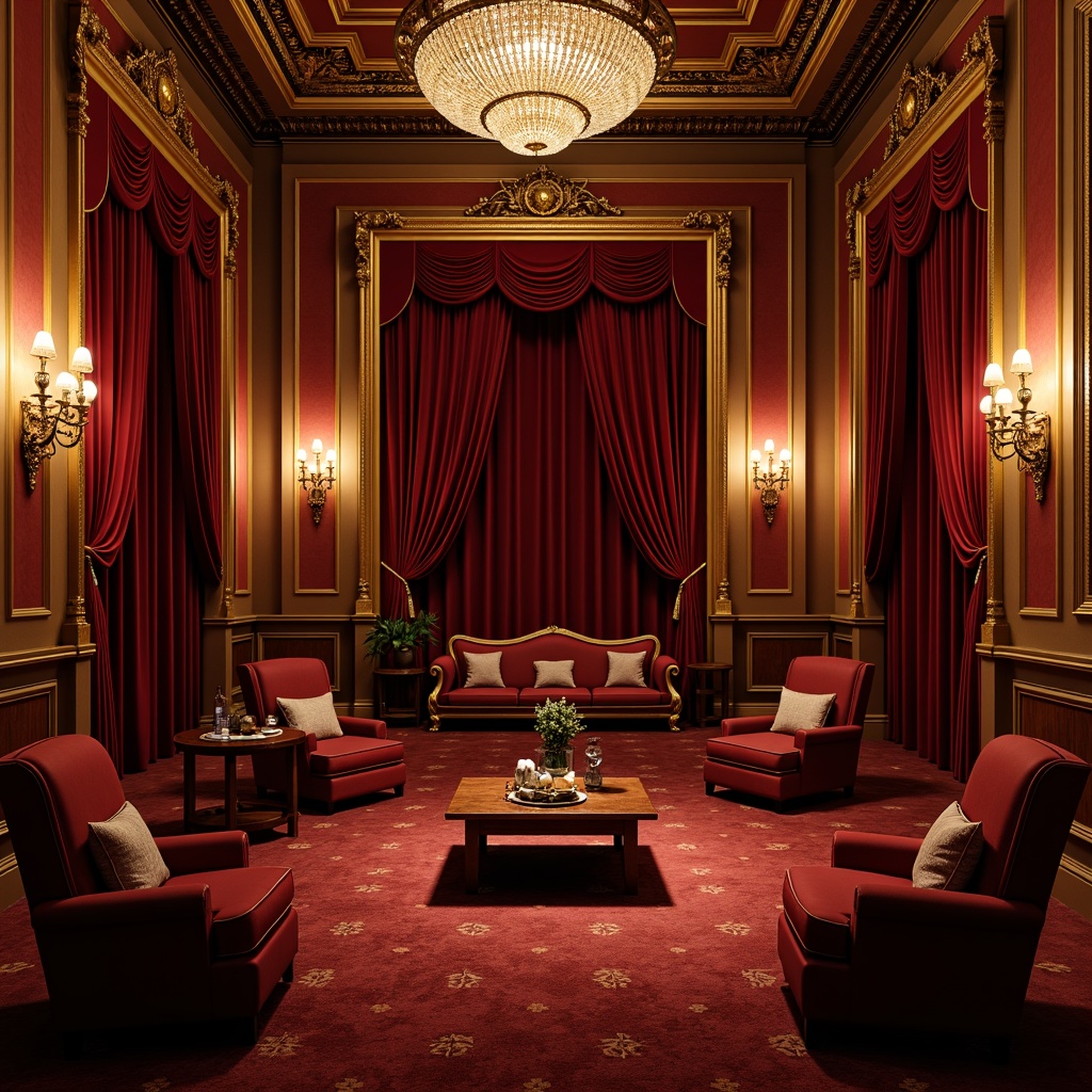 Prompt: Luxurious cinema interior, classicism style, rich velvet drapes, ornate golden frames, intricate moldings, grandiose chandeliers, soft warm lighting, deep red accent walls, elegant wooden paneling, ornamental plasterwork, lavish furnishings, regal armchairs, crimson carpeting, subtle texture variations, shallow depth of field, 1/1 composition, realistic renderings, ambient occlusion.