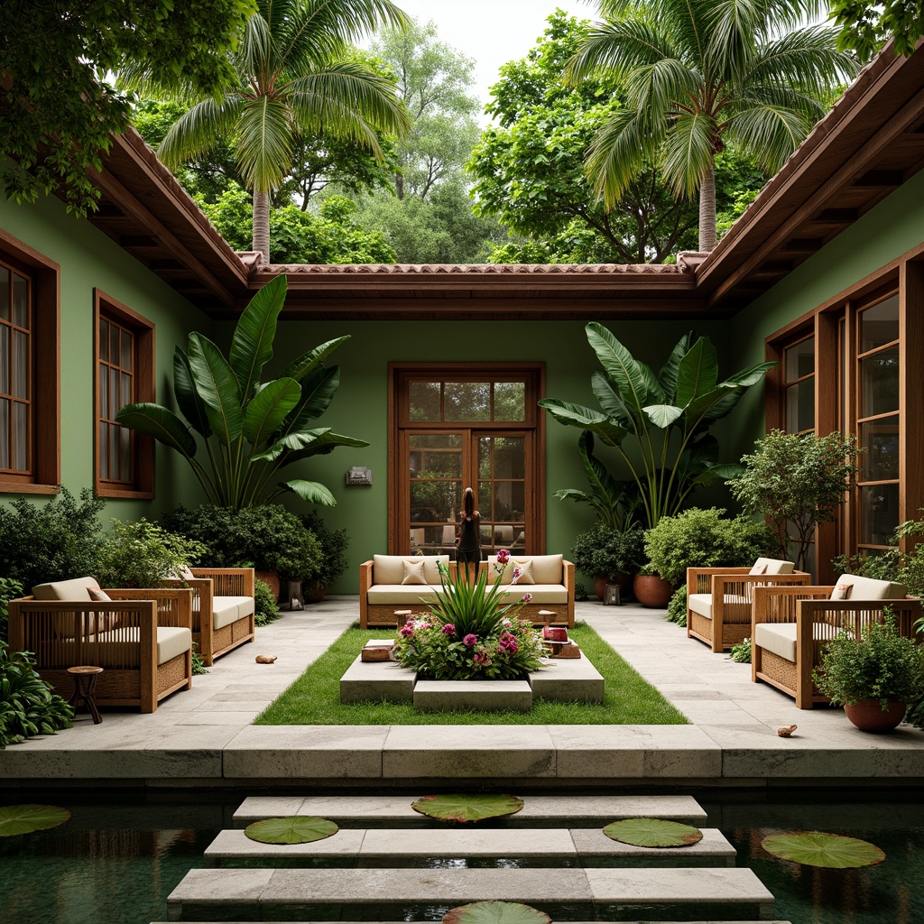 Prompt: Lush tropical plants, exotic flowers, natural stone floors, wooden accents, rattan furniture, vibrant green walls, warm lighting, cozy ambiance, intimate seating areas, water features, small ponds, Asian-inspired decor, bamboo elements, nature-inspired textiles, earthy color palette, organic shapes, curved lines, tranquil atmosphere, soft music, 1/1 composition, shallow depth of field, realistic rendering.