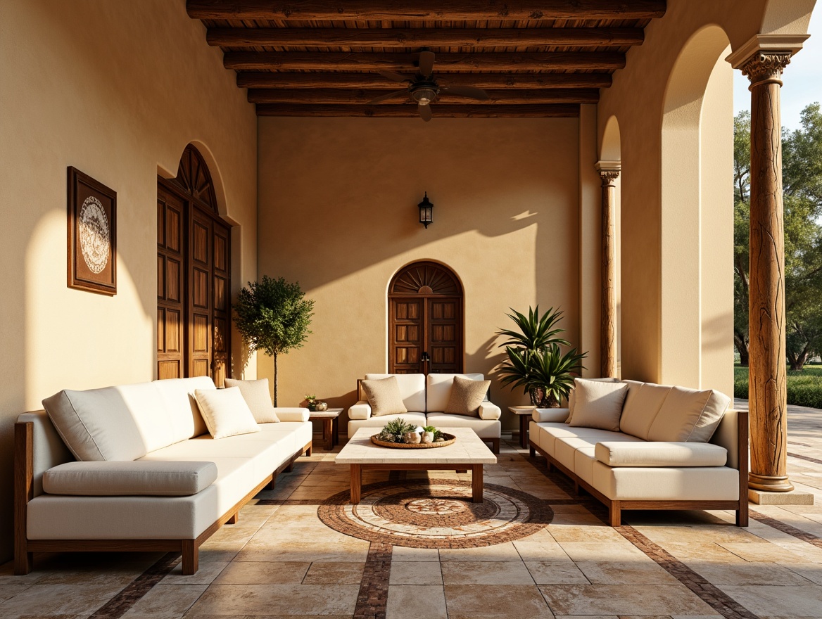 Prompt: Elegant Mediterranean villa, warm beige stucco walls, curved archways, ornate wooden doors, rustic stone floors, glazed ceramic tiles, distressed wood beams, soft cream-colored sofas, plush velvet pillows, intricate mosaic patterns, warm golden lighting, subtle shadows, 1/1 composition, realistic textures, ambient occlusion.