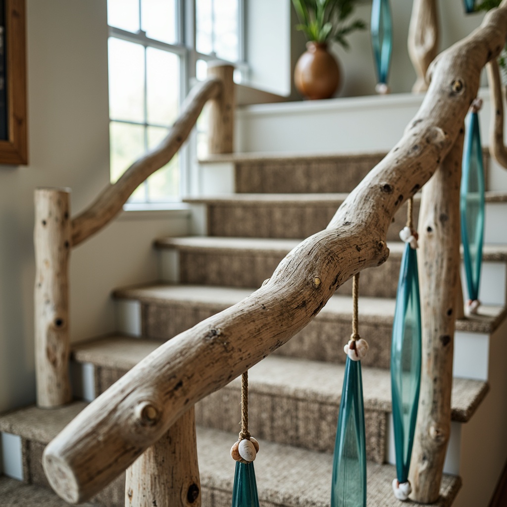 Prompt: Driftwood-inspired handrail, coastal-style staircase, beachy vibe, weathered wood tone, rustic metal accents, nautical rope details, ocean-blue glass balusters, sandy-textured carpeting, seashell-adorned newel posts, soft warm lighting, shallow depth of field, 1/1 composition, realistic textures, ambient occlusion.