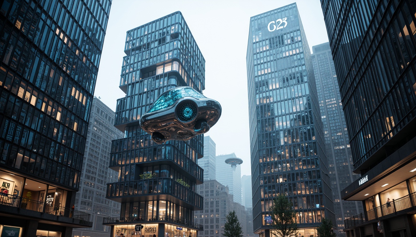 Prompt: Metallic skyscrapers, neon-lit cityscape, reflective glass facades, angular futuristic lines, iridescent color schemes, holographic advertisements, levitating transportation pods, sleek metallic surfaces, neon-lit accents, glowing blue circuits, cyberpunk-inspired details, intricate mechanical patterns, 3D-printed structures, parametric design, dynamic LED lights, misty atmospheric effects, shallow depth of field, panoramic view, realistic reflections, ambient occlusion.