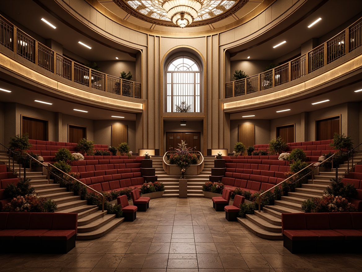 Prompt: Grand amphitheater, Art Deco architecture, ornate metal railings, lavish stone flooring, curved seating rows, plush velvet cushions, golden accents, geometric patterns, intricate moldings, majestic staircase, grand chandelier, ambient warm lighting, soft shadows, 1/1 composition, low-angle view, realistic textures, atmospheric fog.