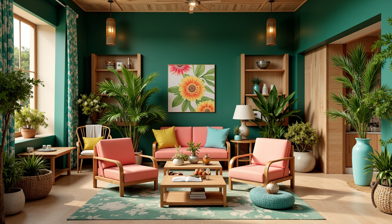 Prompt: Vibrant tropical interior, lush green walls, warm beige floors, exotic wood accents, bright coral pink furniture, turquoise blue decorative accessories, sunny yellow textiles, natural rattan lighting fixtures, palm tree patterns, floral arrangements, colorful tiki torches, ocean-inspired artwork, refreshing citrus scents, airy open spaces, natural ventilation systems, 1/2 composition, soft warm lighting, realistic textures, ambient occlusion.