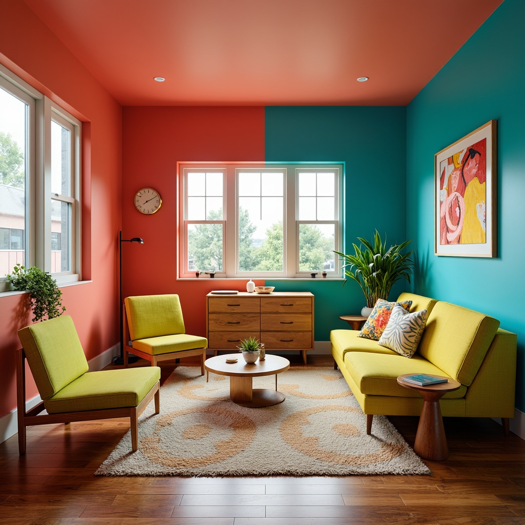 Prompt: Vibrant living room, bold color palette, bright coral walls, turquoise accents, sunny yellow furniture, lime green decorative pillows, geometric patterned rugs, modern abstract artwork, sleek metal lighting fixtures, polished wooden floors, natural textiles, airy atmosphere, shallow depth of field, 1/1 composition, warm softbox lighting.