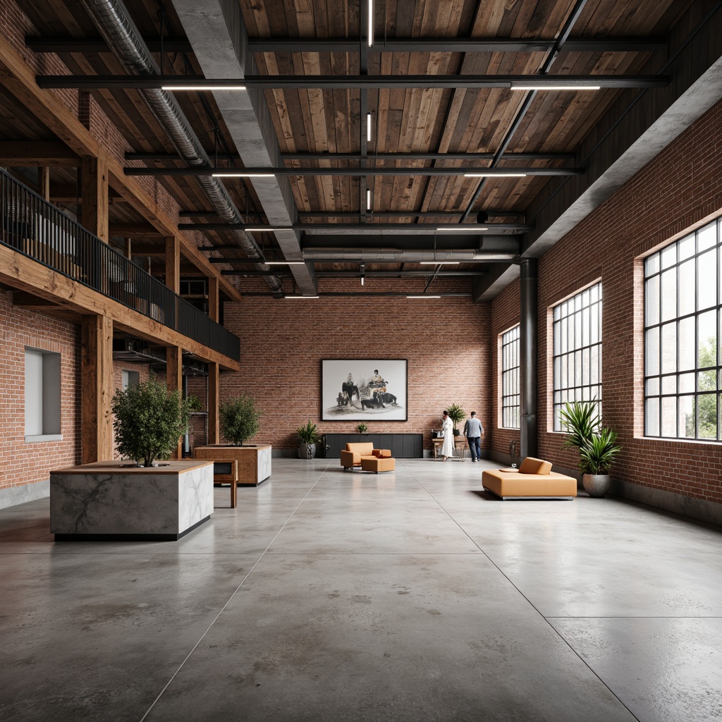 Prompt: Industrial warehouse, exposed brick walls, polished concrete floors, steel beams, minimalist decor, functional lighting, open spaces, industrial chic aesthetic, reclaimed wood accents, metal stairs, modern artwork, sparse greenery, natural light, airy atmosphere, 1/1 composition, shallow depth of field, softbox lighting, realistic textures, ambient occlusion.