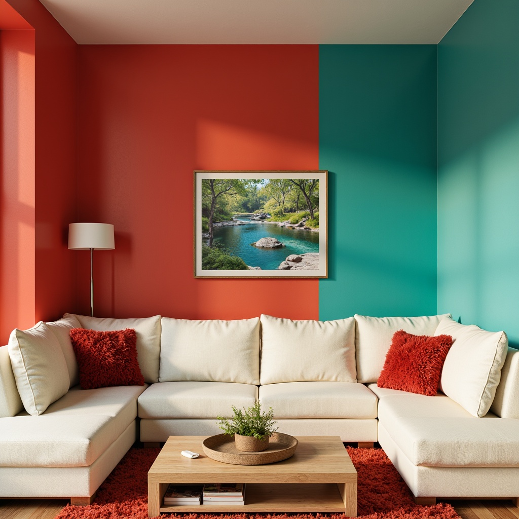 Prompt: Vibrant living room, bold coral walls, rich turquoise accents, creamy white furniture, plush throw pillows, natural wood flooring, modern minimalist decor, warm golden lighting, shallow depth of field, 1/2 composition, soft focus effect, realistic textures, ambient occlusion.