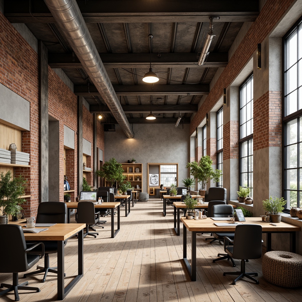 Prompt: Exposed brick walls, metal beams, reclaimed wood flooring, industrial-style lighting fixtures, distressed finishes, urban loft atmosphere, converted warehouse spaces, vintage manufacturing equipment, eclectic decor, functional workstations, ergonomic chairs, modern minimalist aesthetic, neutral color palette, natural textiles, concrete accents, steel windows, industrial-chic accessories, functional storage solutions, open-plan layout, high ceilings, abundance of natural light, softbox lighting, shallow depth of field, 3/4 composition, realistic textures.