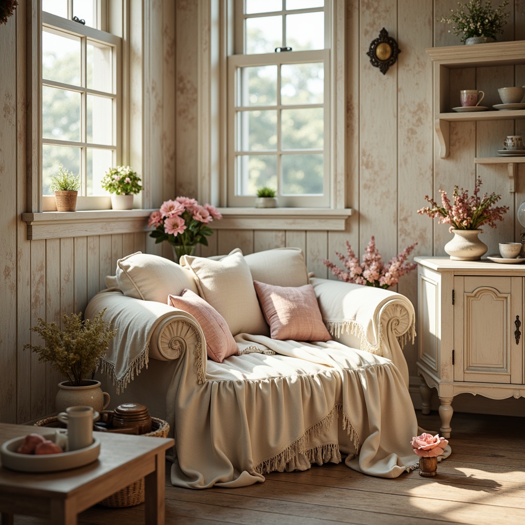 Prompt: Vintage distressed finishes, soft pastel hues, gentle florals, creamy whites, warm beiges, muted pinks, distressed wood textures, ornate metal details, lace trims, ruffled fabrics, delicate porcelain accents, antique furniture pieces, rustic wooden floors, natural light pouring in, warm cozy atmosphere, shallow depth of field, 1/2 composition, intimate close-up shots, romantic soft focus, whimsical illustrative style.