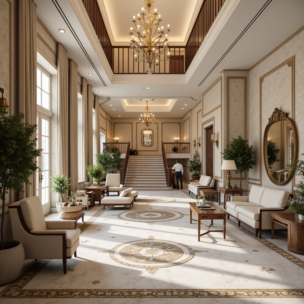 Prompt: Intricate marble floors, polished hardwood, luxurious carpets, ornate patterns, classical motifs, neutral color palette, creamy whites, soft grays, warm beiges, elegant furniture, refined wood accents, subtle texture contrasts, sophisticated atmosphere, formal living rooms, grand entrance halls, opulent staircases, imposing columns, dramatic chandeliers, warm golden lighting, shallow depth of field, 1/2 composition, symmetrical framing, ornate mirrors, lavish drapery.