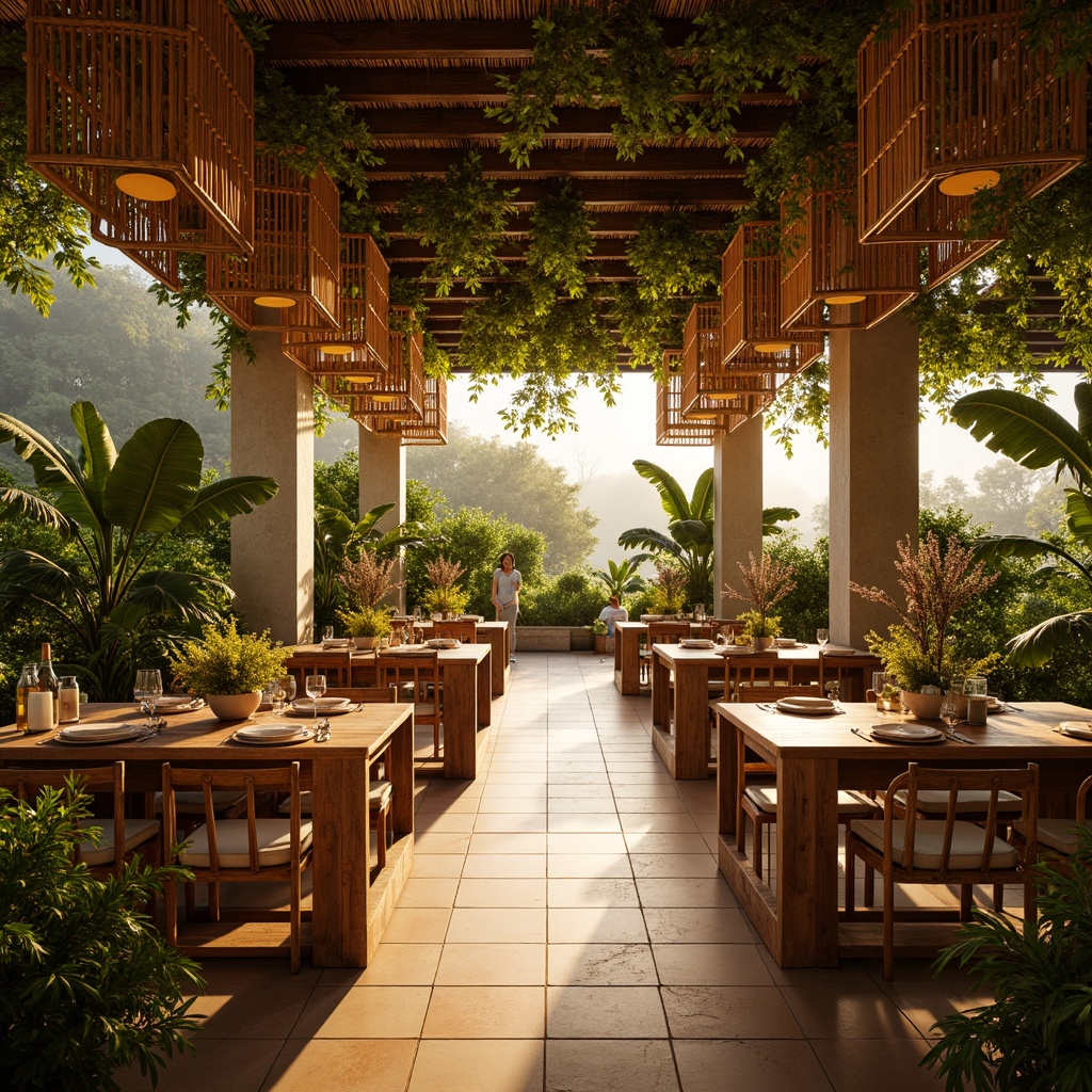 Prompt: Vibrant tropical dining hall, warm golden lighting, rattan pendant lamps, natural fiber textiles, woven bamboo chairs, reclaimed wood tables, lush greenery, exotic flower arrangements, soft warm glow, subtle shadows, ambient occlusion, 1/1 composition, realistic reflections, warm color palette, cozy atmosphere, modern minimalist decor, elegant simplicity, sophisticated elegance.