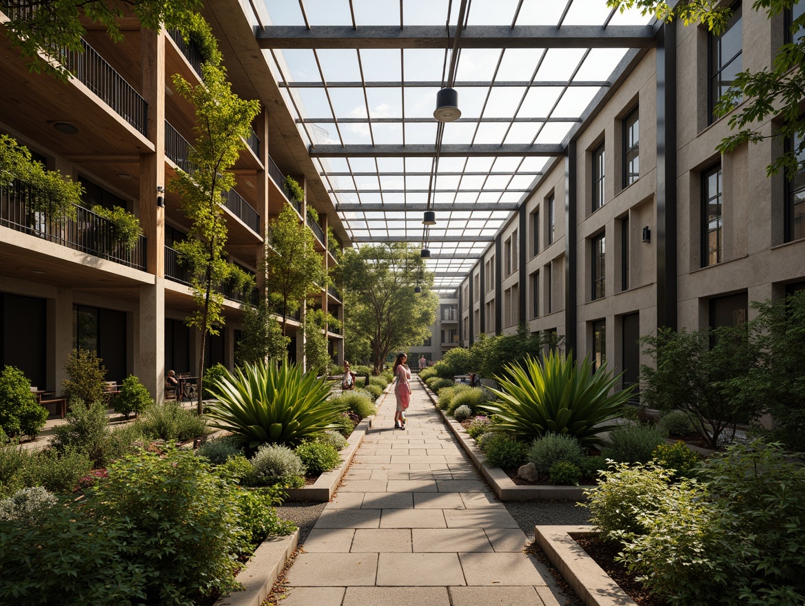 Prompt: Earthy tones, lush greenery, reclaimed wood accents, industrial metal beams, brutalist architecture, exposed concrete walls, geometric glass roofs, natural stone flooring, verdant plant life, misting systems, warm soft lighting, shallow depth of field, 3/4 composition, panoramic view, realistic textures, ambient occlusion.