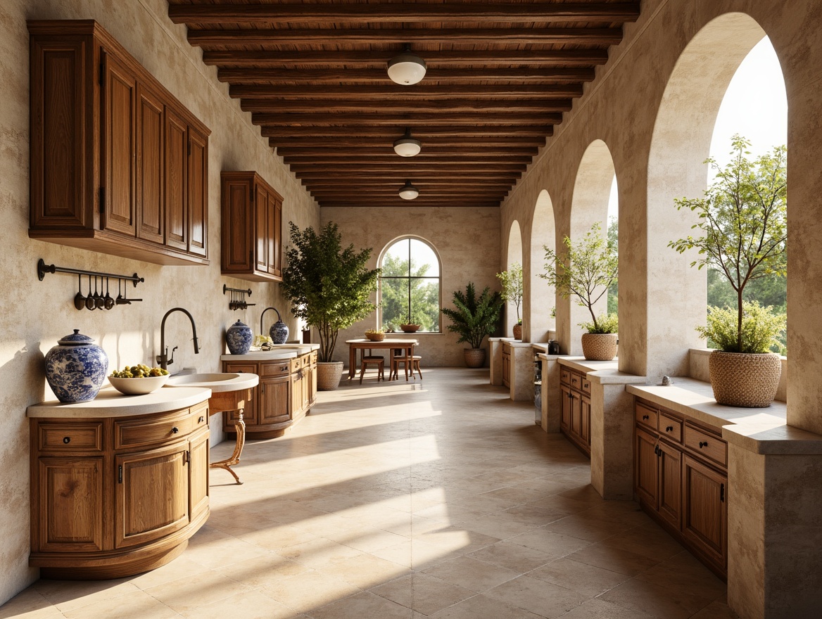 Prompt: Warm beige tiles, natural stone walls, soft blue and white ceramics, ornate metal fixtures, vintage wooden cabinets, woven wicker baskets, potted olive trees, fragrant lavender pots, marble countertops, elegant archways, rustic wooden beams, warm golden lighting, shallow depth of field, 1/1 composition, realistic textures, ambient occlusion.