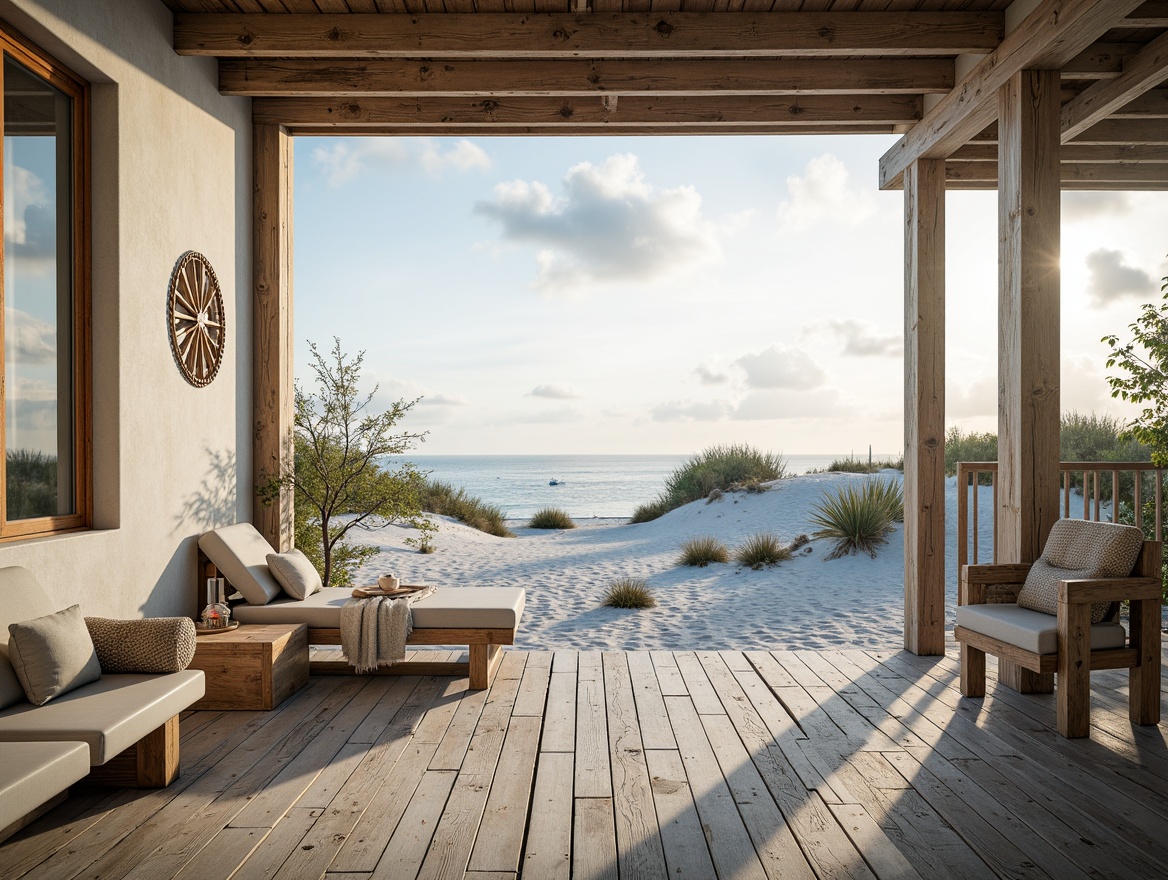 Prompt: Coastal cottage, weathered wooden planks, driftwood accents, textured walls, natural stonework, sandy dunes, ocean views, sea salt air, misty mornings, warm sunlight, soft breezy atmosphere, calming color palette, soothing blue hues, creamy whites, distressed finishes, reclaimed wood furniture, nautical decor, shells, pebbles, beachy vibes, relaxed ambiance, shallow depth of field, 1/2 composition, soft focus, natural textures.