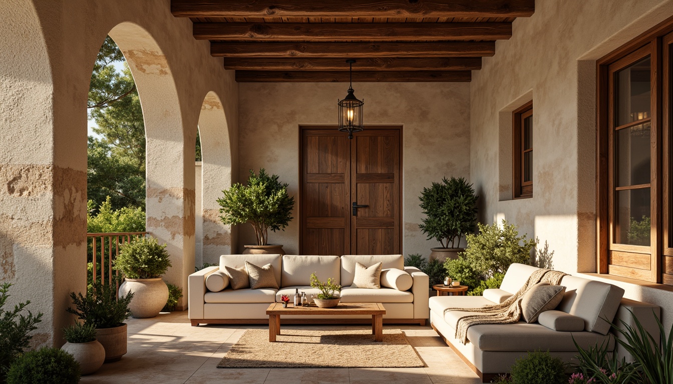 Prompt: Warm Mediterranean villa, rustic stone walls, distressed wood accents, ornate metalwork, curved archways, natural textiles, woven fibers, soft warm lighting, shallow depth of field, 3/4 composition, earthy color palette, terracotta pots, lush greenery, vintage decorative tiles, distressed wooden beams, plush furnishings, cozy nooks, intimate ambiance, warm beige tones, soft creamy whites, rustic metal lanterns, natural stone flooring, organic shapes, tactile materials.