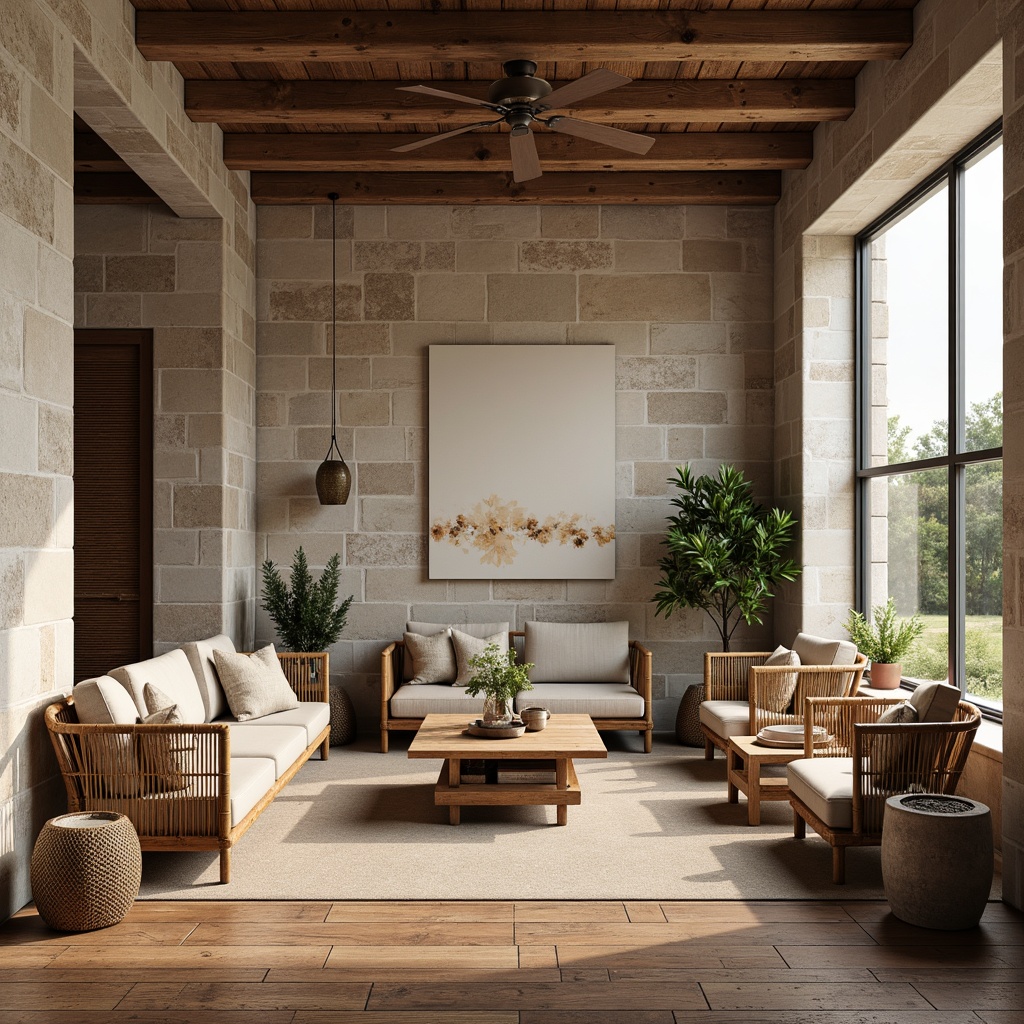 Prompt: Natural stone walls, reclaimed wood flooring, exposed brick accents, earthy color palette, organic textures, woven bamboo furniture, rattan decorative elements, live edge wooden tables, potted plants, industrial metal fixtures, minimalist decor, abundant natural light, airy atmosphere, 1/1 composition, softbox lighting, realistic material rendering.