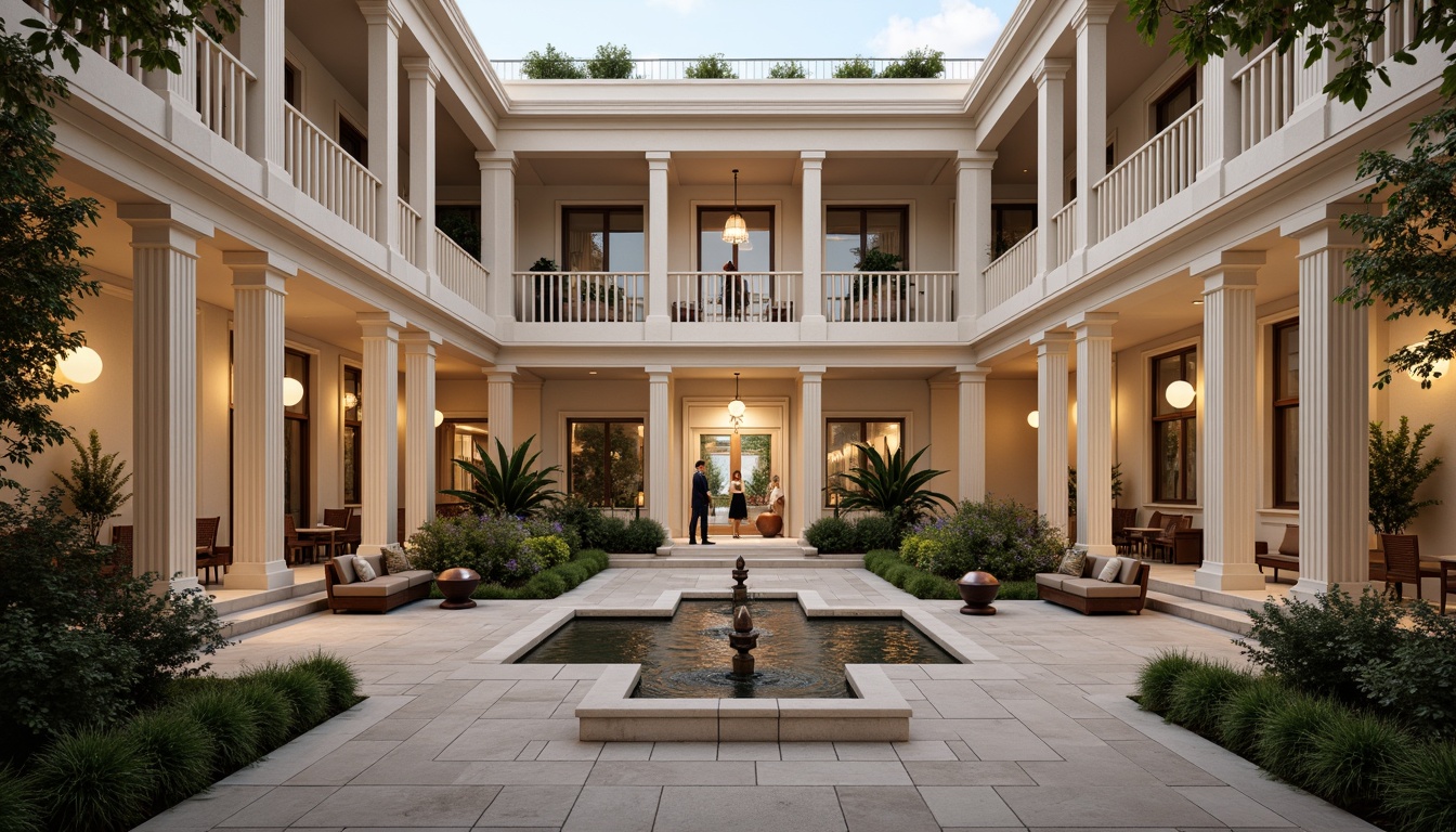 Prompt: Grandiose hospital facade, Corinthian columns, ornate moldings, symmetrical architecture, lavish fountains, manicured gardens, serene water features, natural stone walls, elegant waiting areas, comfortable seating, rich wood accents, sophisticated lighting fixtures, soft warm color palette, subtle texture contrasts, shallow depth of field, 1/1 composition, realistic renderings, ambient occlusion.