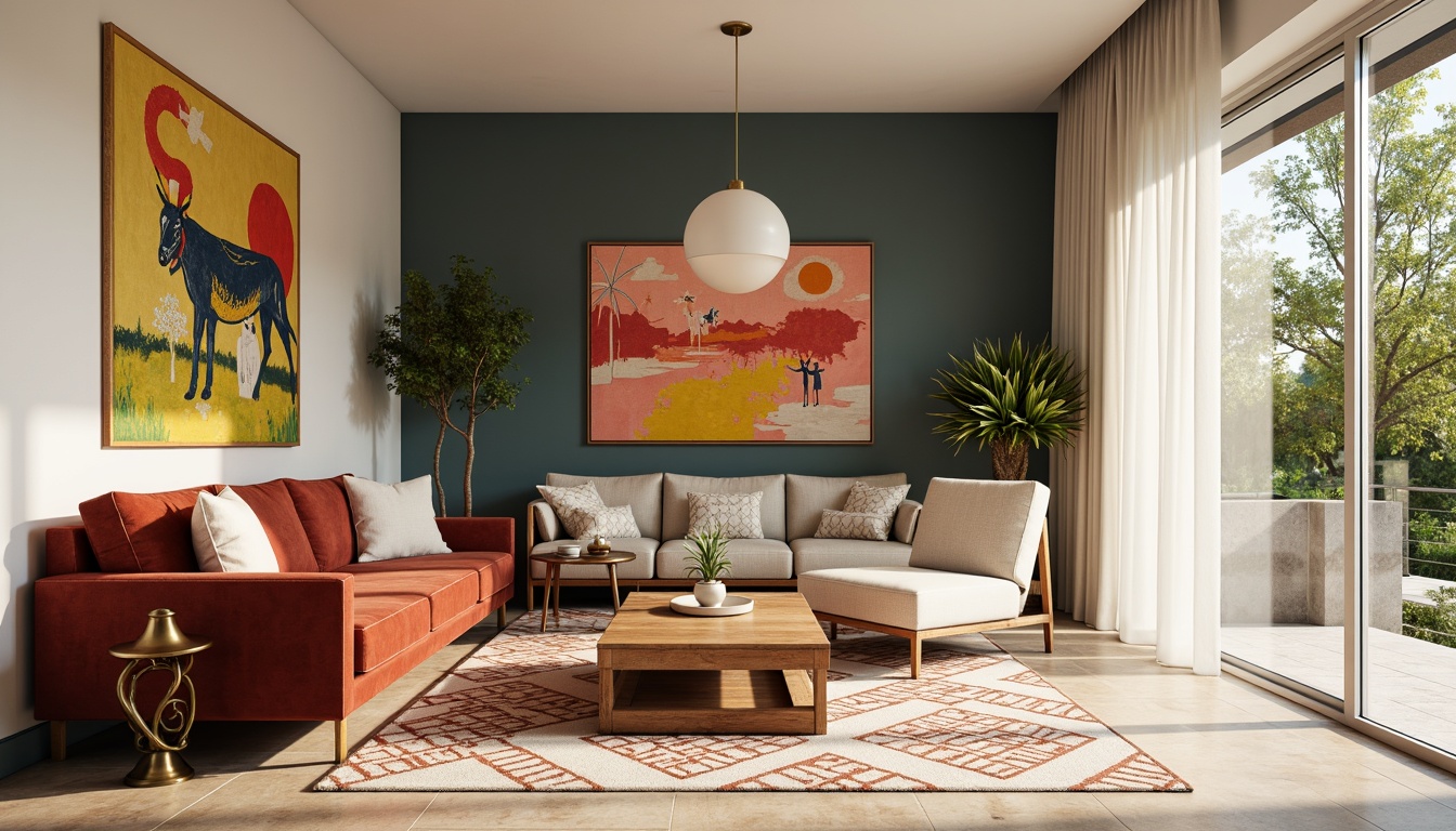 Prompt: Vibrant living room, bold accent walls, rich wood furniture, plush velvet sofas, metallic gold decor, soft pastel hues, creamy whites, warm beige tones, natural stone textures, geometric patterned rugs, floor-to-ceiling windows, abundant sunlight, shallow depth of field, 1/1 composition, realistic renderings, ambient occlusion.