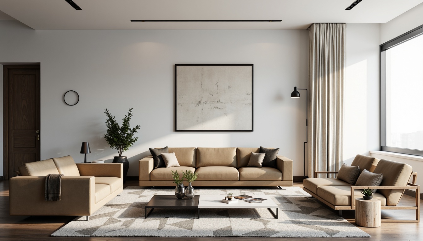 Prompt: Minimalist living room, monochromatic color scheme, sleek low-profile furniture, velvet sofas, marble coffee tables, geometric-patterned rugs, industrial metal lighting, Scandinavian-inspired wooden chairs, minimalist wall decor, empty space emphasis, natural materials, soft warm lighting, shallow depth of field, 3/4 composition, realistic textures, ambient occlusion.