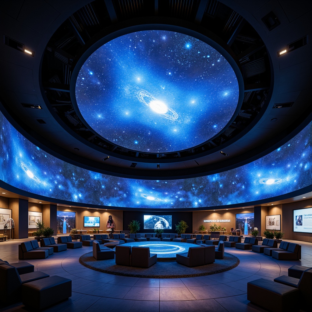 Prompt: Cosmic planetarium interior, dome-shaped ceiling, dark blue atmosphere, starry night sky projection, circular seating arrangement, immersive audio system, interactive exhibits, astronomy-inspired decor, spherical screens, 360-degree visuals, futuristic ambiance, minimalistic lighting design, ambient sound effects, spacious walkways, educational displays, real-time astronomical data, virtual reality experiences, space-themed murals, nebula-inspired color scheme, soft glow accents, shallow depth of field, symmetrical composition.