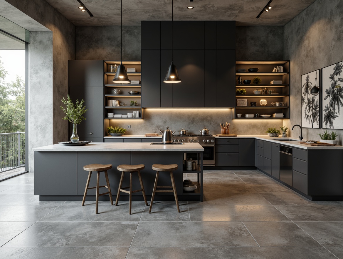 Prompt: Minimalist kitchen, polished concrete floors, industrial chic aesthetic, monochromatic color scheme, sleek cabinetry, handle-free doors, matte finish countertops, stainless steel appliances, pendant lighting, open shelving, natural stone accents, subtle texture contrasts, soft warm lighting, shallow depth of field, 3/4 composition, realistic textures, ambient occlusion.