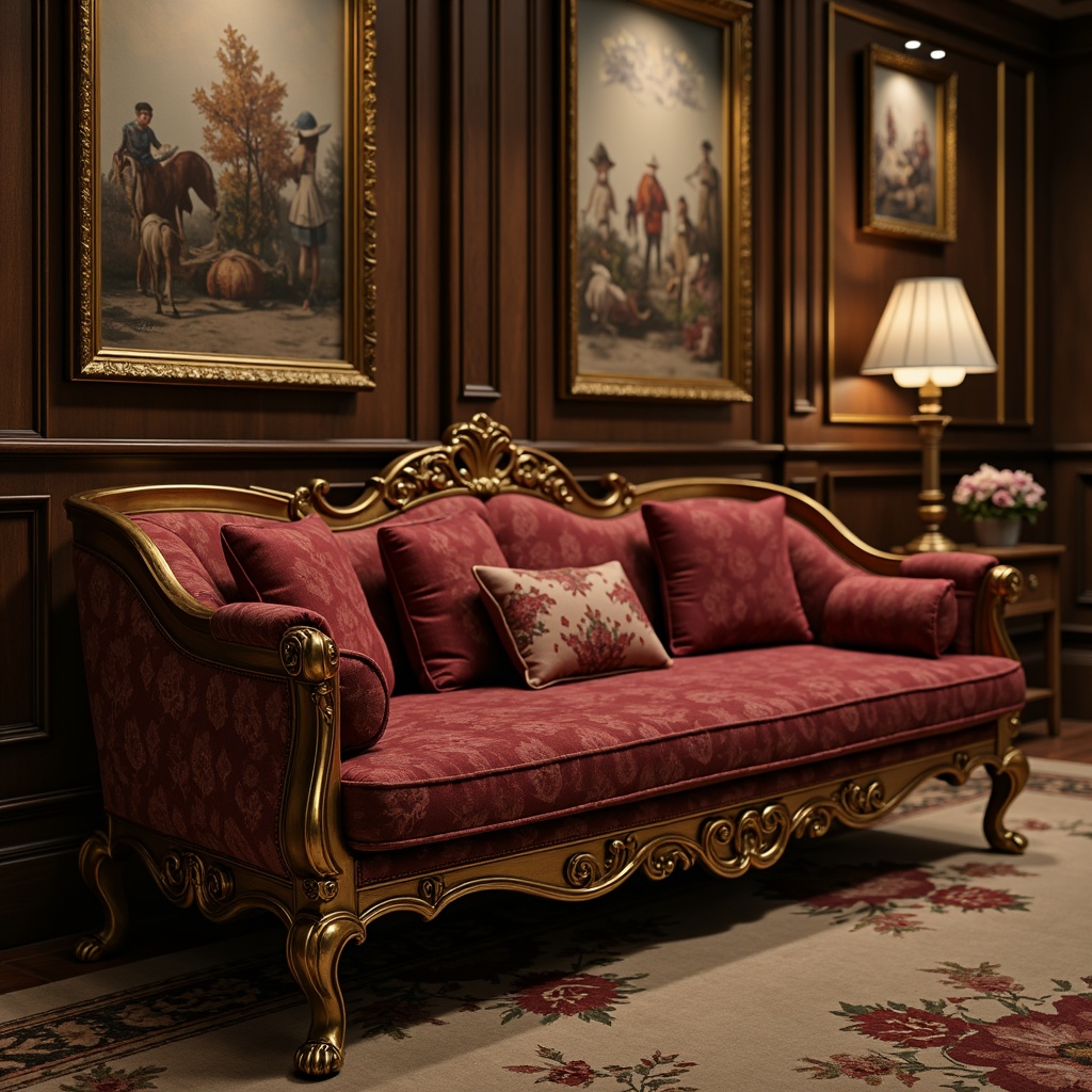 Prompt: Elegant neoclassical furniture, intricately carved wooden frames, ornate gold accents, velvet upholstery, tufted cushions, rolled arms, cabriole legs, floral patterns, subtle curves, refined proportions, luxurious fabrics, rich jewel tones, ambient warm lighting, soft focus, shallow depth of field, 1/1 composition, symmetrical arrangement, realistic textures, detailed reflections.