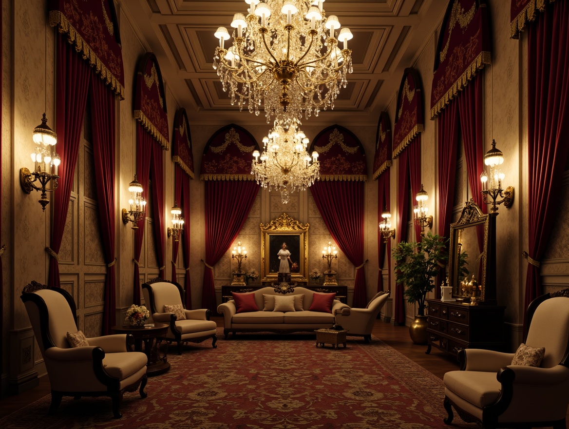 Prompt: Ornate chandeliers, crystal droplets, golden accents, intricate metalwork, lavish candelabras, majestic sconces, ornamental lanterns, rich velvet drapes, luxurious wall tapestries, regal throne-like chairs, grandiose mirrors, opulent furnishings, warm soft lighting, dramatic shadows, 1/1 composition, low-key illumination, realistic reflections, ambient occlusion.