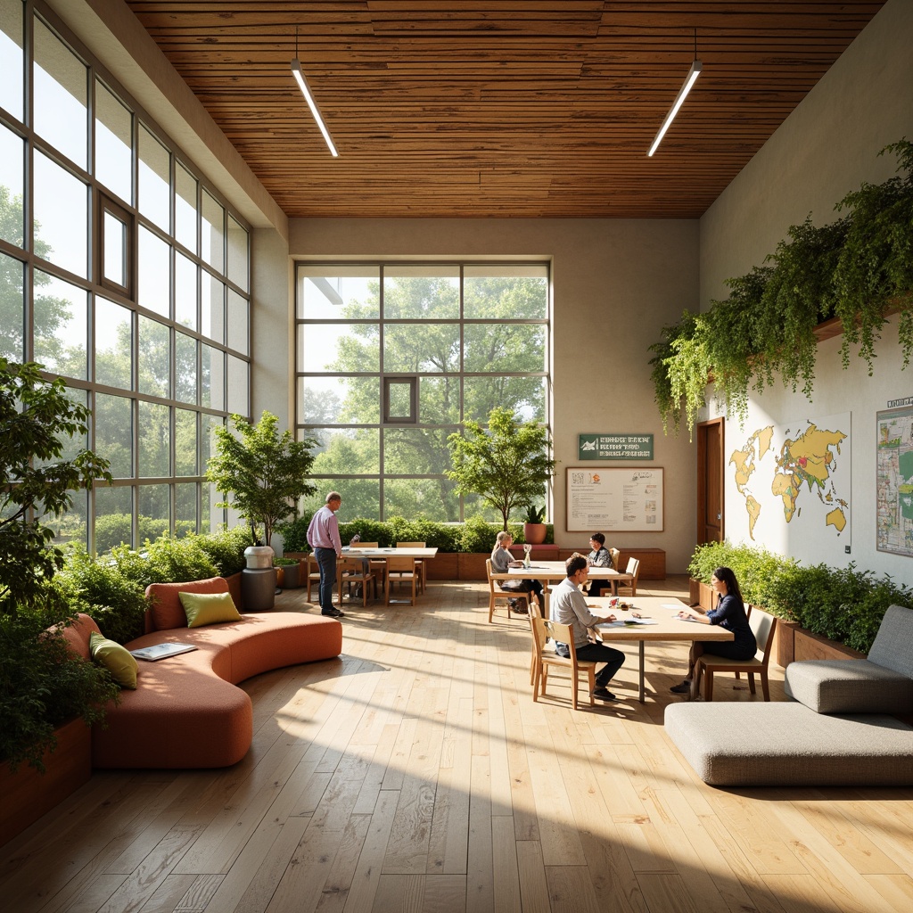 Prompt: Bright classrooms, large windows, abundant natural light, warm wood tones, earthy color schemes, organic shapes, comfortable seating areas, collaborative learning spaces, interactive whiteboards, educational displays, lush green walls, hanging plants, calming ambiance, soft diffused lighting, 1/1 composition, shallow depth of field, realistic textures.