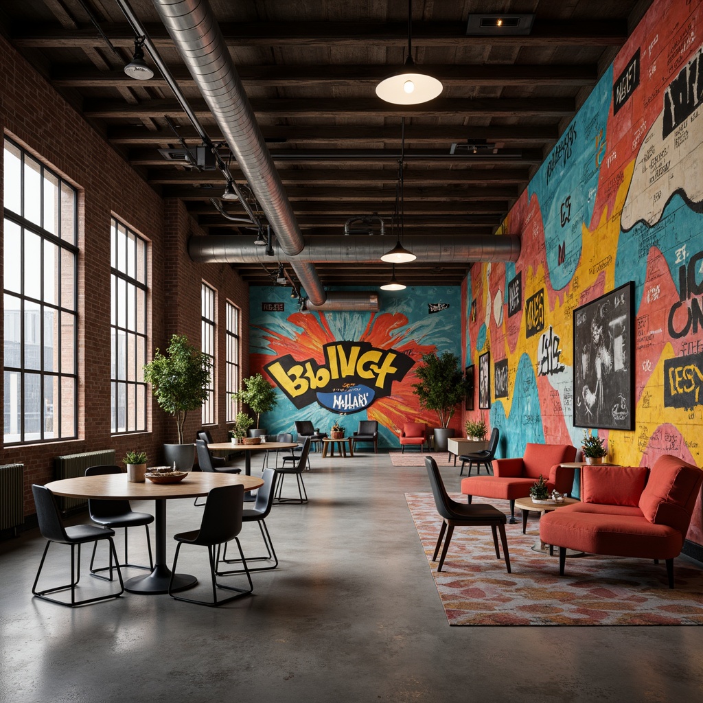 Prompt: Vibrant colored walls, expressionist murals, abstract geometric patterns, distressed textures, industrial metal accents, exposed ductwork, polished concrete floors, modern furniture, eclectic lighting fixtures, urban graffiti, stylized typography, dynamic shapes, bold color blocking, high contrast ratios, dramatic shadows, cinematic composition, 1/2 framing, low-key lighting, moody atmosphere.