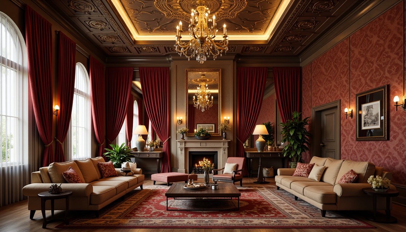 Prompt: Luxurious interior design, ornate textured walls, rich velvet fabrics, golden accents, lavish furnishings, opulent chandeliers, grandiose mirrors, elegant archways, refined wood paneling, sumptuous drapery, intricate moldings, warm ambient lighting, soft focus blur, 1/2 composition, cinematic perspective, realistic material textures, subtle bump mapping.