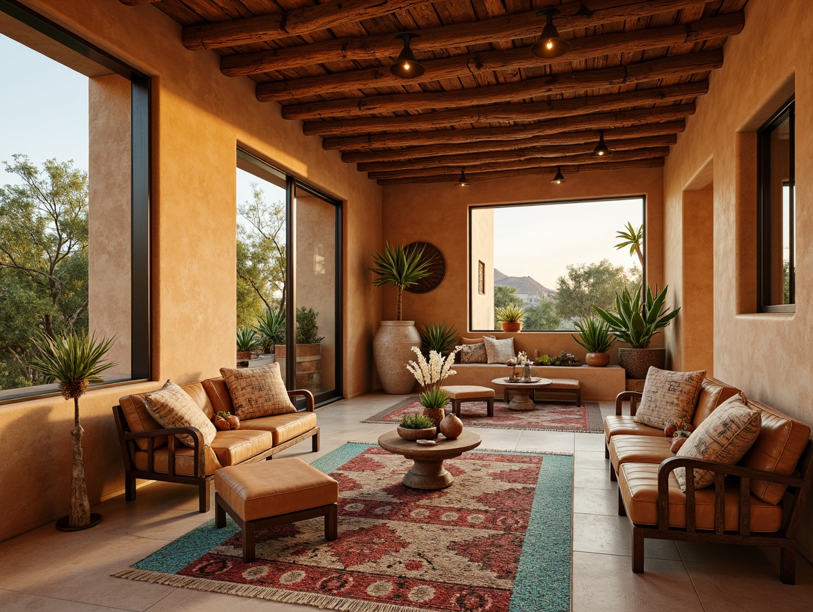 Prompt: Earthy adobe walls, rustic wooden accents, turquoise mosaic tiles, sandy beige floors, woven wicker furniture, natural fiber rugs, vibrant Native American patterns, distressed leather upholstery, reclaimed wood ceilings, warm terracotta pottery, desert-inspired botanicals, cacti, succulents, warm golden lighting, soft sunset colors, shallow depth of field, 3/4 composition, panoramic view, realistic textures, ambient occlusion.