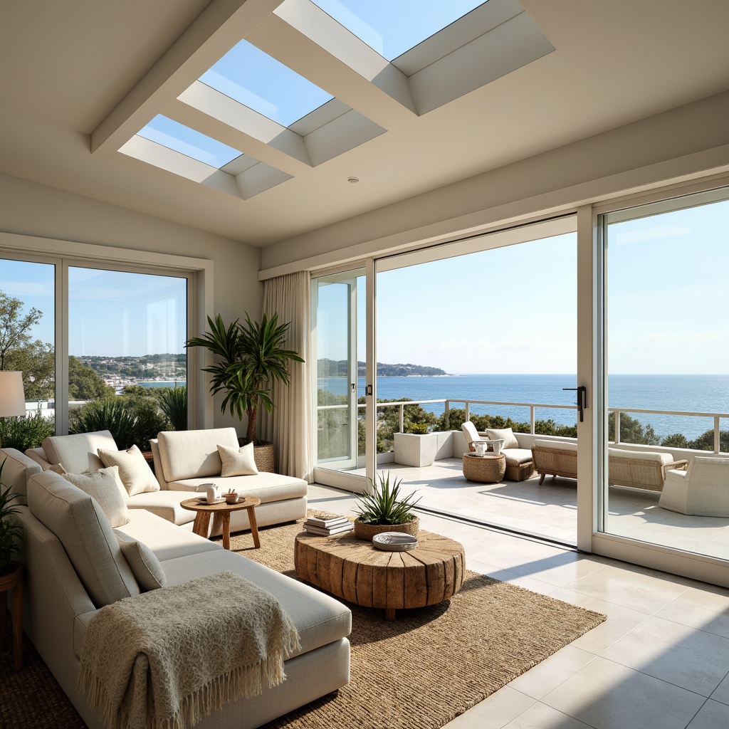 Prompt: Coastal living room, large windows, sliding glass doors, ocean views, natural textiles, woven fibers, driftwood accents, sea-inspired color palette, soft creamy whites, calming blues, sandy neutrals, reflective surfaces, metallic frames, minimalist decor, open floor plan, high ceilings, clerestory windows, skylights, warm sunny day, gentle ocean breeze, 1/1 composition, shallow depth of field, realistic textures, ambient occlusion.