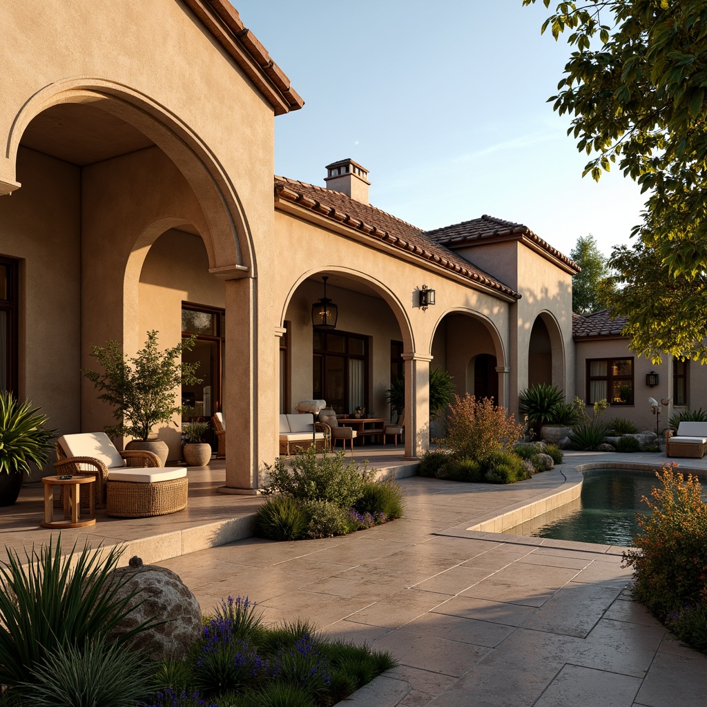 Prompt: Warm Mediterranean villa, ornate decorative arches, rustic stone walls, curved lines, earthy tones, terra cotta roofs, lush greenery, blooming flowers, tranquil courtyard, serene fountain, soft warm lighting, golden hour, shallow depth of field, 3/4 composition, realistic textures, ambient occlusion.