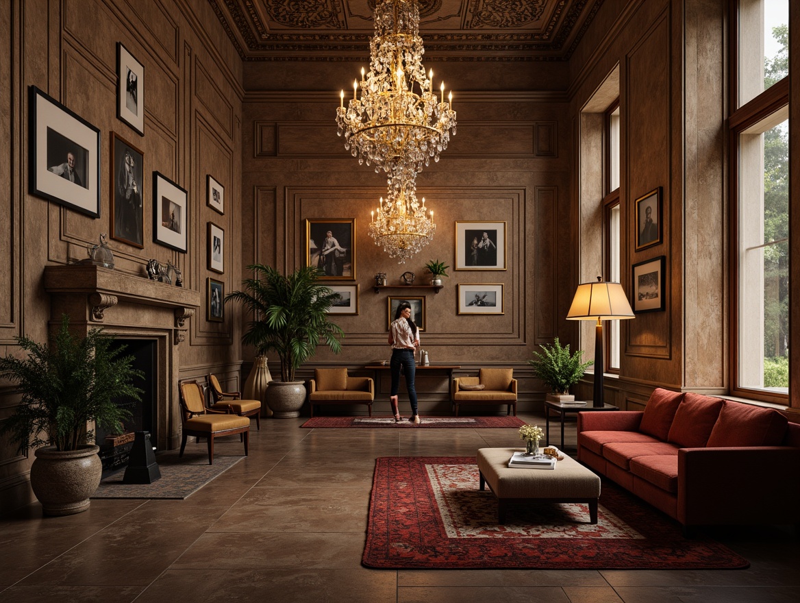 Prompt: Luxurious modern interior, restored vintage chandeliers, distressed wood accents, ornate plaster moldings, rich velvet fabrics, antique furniture pieces, eclectic art collections, decorative metallic fixtures, warm candlelight, atmospheric shadows, 1/1 composition, shallow depth of field, realistic textures, ambient occlusion.