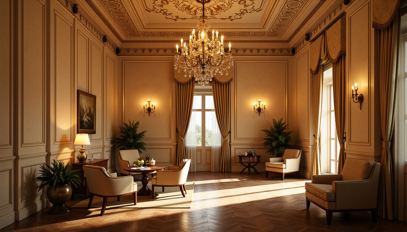 Prompt: Elegant neoclassical interior, ornate chandeliers, warm golden lighting, cream-colored walls, rich wood paneling, intricate moldings, refined furniture, velvety drapes, subtle ambient glow, dramatic spotlights, crystal sconces, luxurious fabrics, ornamental patterns, symmetrical compositions, 1/2 composition, softbox lighting, realistic reflections, detailed textures.