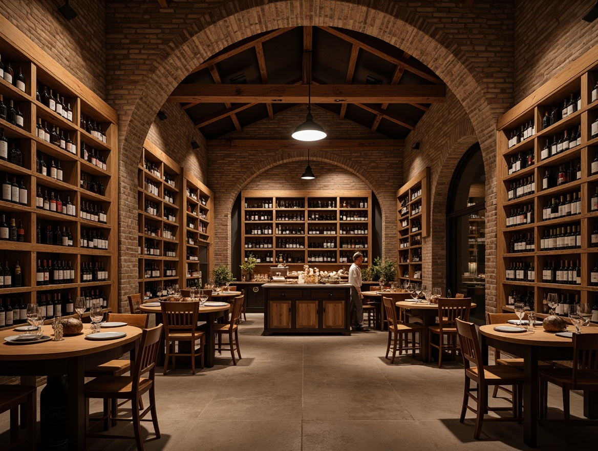 Prompt: Rustic wooden racking system, craftsman style wine cellar, dimly lit ambiance, stone walls, brick arches, oak wood barrels, wine glasses, wooden crates, vintage winemaking equipment, earthy tones, natural textures, warm soft lighting, shallow depth of field, 1/2 composition, realistic reflections, ambient occlusion.