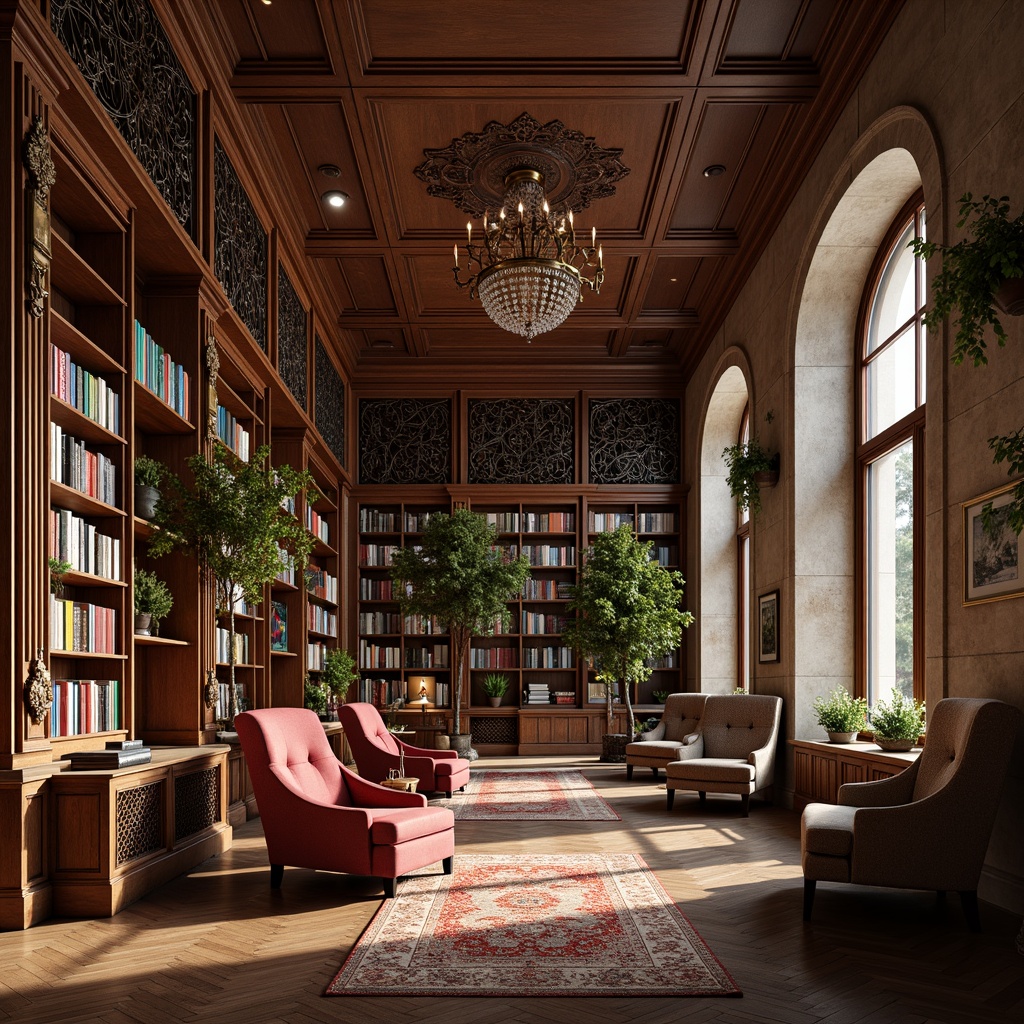 Prompt: Eclectic library, rich wood tones, ornate metal details, curved lines, vibrant color accents, eclectic book collections, ladder bookshelves, wooden floorboards, cozy reading nooks, plush armchairs, natural stone walls, grand chandeliers, warm soft lighting, 1/2 composition, shallow depth of field, realistic textures, ambient occlusion.