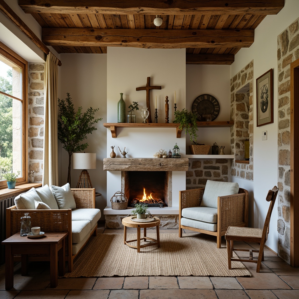 Prompt: Rustic farmhouse interior, warm earthy tones, weathered wood accents, vintage metal decorations, soft creamy whites, distressed finishes, natural stone walls, plush woven textiles, cozy candlelight, warm beige hues, rich brown leathers, soft sage greens, muted blue undertones, antique furniture pieces, classic country charm, inviting warmth, shallow depth of field, 1/1 composition, realistic textures, ambient occlusion.