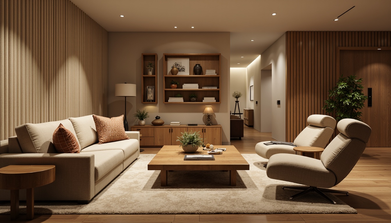 Prompt: Cozy living room, plush sofas, ergonomic chairs, wooden coffee tables, soft cushions, velvety textiles, warm beige colors, natural wood accents, minimalist decor, ambient lighting, floor lamps, soft glow, comfortable seating areas, functional storage units, sleek shelves, modern cabinets, metallic handles, subtle patterns, calming atmosphere, inviting ambiance, 1/2 composition, shallow depth of field, realistic materials.